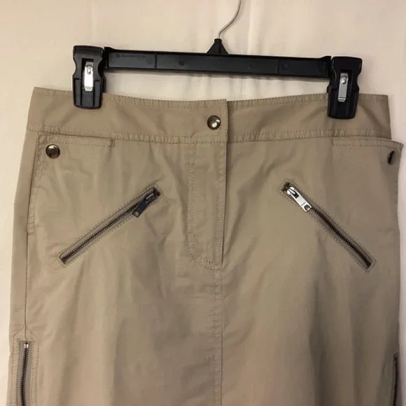DKNY skirt womens SZ 4 Mini khaki safari neutral unquie fun zipper details - Picture 2 of 10